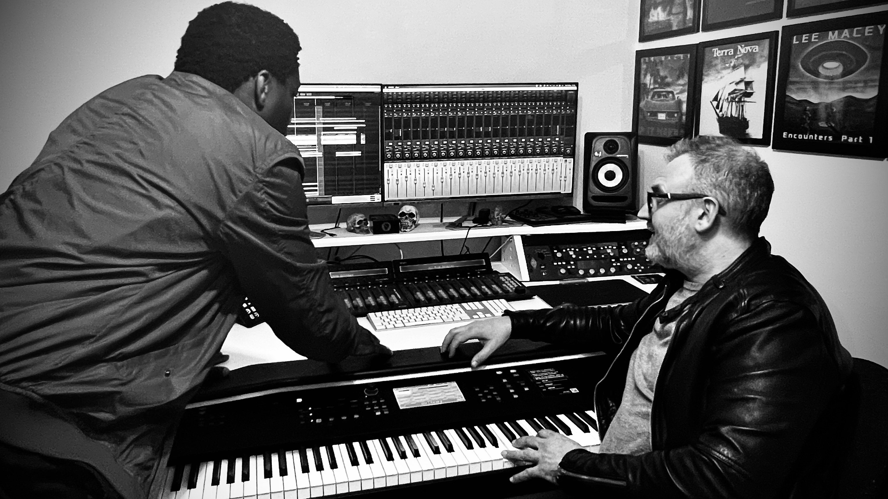 Richard and Lee at the studio recording desk